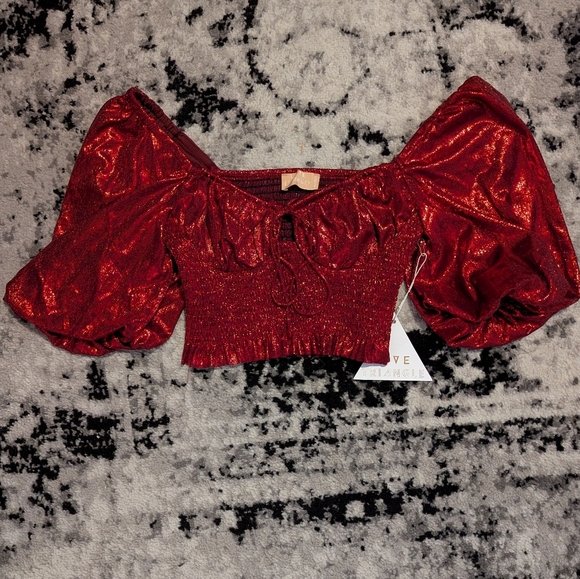 Love Triangle Milk Maid Crop Top Red Sparkle Balloon Sleeve Womens 6 NWT Ruching - Picture 2 of 7
